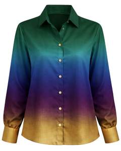 เสื้อเชิ้ตผู้หญิงสีเขียวมรกตไล่เฉดสีม่วงและทอง แขนยาว ติดกระดุม ทรงลำลอง สำหรับใส่ทำงาน ผลิตโดยผู้ผลิตเสื้อผ้าสั่งทำพิเศษ - Product Image 1