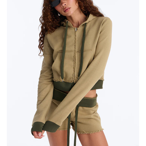 OEM Private Label Custom Logo Women Vintage Washed Crop Hoodie and Shorts Set Premium Cotton Streetwear Slim Fit Outfit - Product Image 1