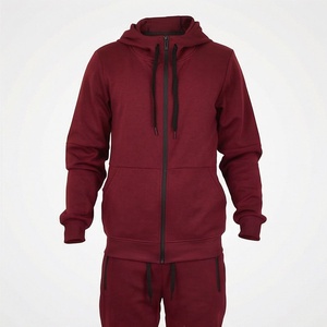 Men's <b>Maroon</b> Hooded Tracksuit Full Zip Solid Color Casual Sportswear with Side Pockets Breathable Polyester Fabric - Product Image 1