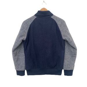 <b>Men's</b> Navy Blue <b>Fleece</b> Racer Jacket <b>Grey</b> Sleeve Color Blocking Stand Collar Zipper Closure Casual Autumn Wear - Product Image 3