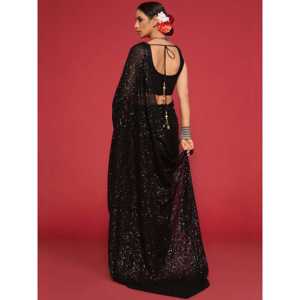 Adorable sari de soirée en georgette noir à sequins, vêtements Zeel, non cousu - Product Image 2