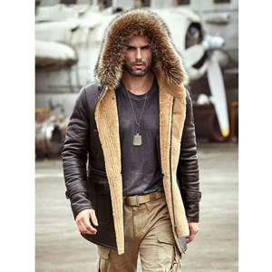 Veste d'hiver pour homme en cuir véritable marron avec capuche en fourrure, rembourrage en duvet, coupe-vent, style décontracté, coupe régulière - Product Image 5