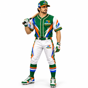 Ensemble uniforme de baseball pour hommes, maillot à manches courtes sublimé, blanc, vert, orange, bleu, imprimé géométrique, évacuation de l'humidité - Product Image 3
