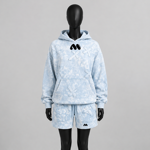 Conjunto de Sudadera con Capucha y Pantalones Cortos Azul Claro con Lavado Ácido, Ecológico, con Patrón de Cruz Bordado, Chándal Casual de Dos Piezas para Invierno - Product Image 1