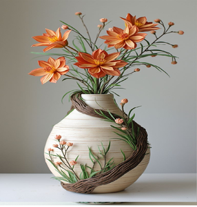 Vase en céramique crème côtelé et artistique, enveloppé d'une vigne rustique avec des fleurs d'oranger éclatantes. Disponible à prix de gros. - Product Image 1