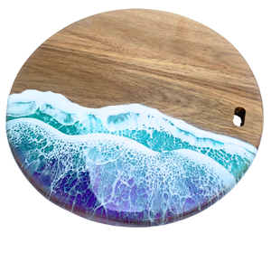 Round Wooden Cutting <b>Board</b> With Ocean Wave Resin Design Coastal Style Handmade Kitchen Decor - Product Image 5