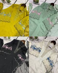 Conjunto de palazzo de seda chanderi verde menta al por mayor para mujer, kurti con cuello en V, bordado de lentejuelas y calado, pantalones de seda romana, dupatta de organza - Product Image 5