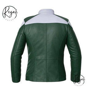 Handmade Green Leather Moto <b>Jacket</b> with White Panel <b>Biker</b> <b>Jacket</b> (OEM Service) - Product Image 2