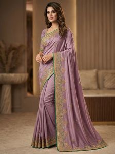 Luxury Traditional Designer Heavy Thread Zari Embroidery Work Sequins Soft Silk Slim Fit Saree Indian Summer Weddings Parties - Product Image 3