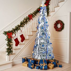 7 FT Pre-Lit Artificial Pop up Christmas <b>Tree</b> 200 Warm <b>Lights</b> Snow Flocked Blue Silver Ornaments for Home Office for Holidays! - Product Image 3