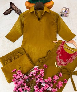 Ensemble Kurta et Palazzo en Coton Moutarde pour Femme, Coupe Ample, Style Traditionnel Indien et Pakistanais, Longueur Cheville, Décontracté 86548 VRINDAVAN- VF 248 - Product Image 3