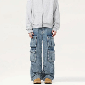 New Style Brand <b>Men's</b> Wide Leg Denim Cargo Biker <b>Jeans</b> Washed Blue Side Pockets Waterproof Breathable Eco-Friendly 2026 - Product Image 1