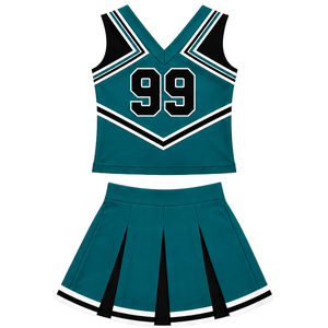 Ensemble d'uniformes de cheerleading personnalisés par le fabricant, couleur turquoise, haut court à col en V avec jupe plissée, pour la performance athlétique et les compétitions d'équipe W - Product Image 2