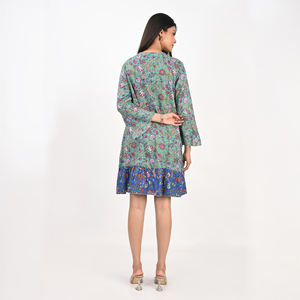 Robe élégante à imprimé floral style sari indien, col en V, manches longues, taille naturelle à nouer, décontractée, pour le quotidien, été, mode bohème - Product Image 4