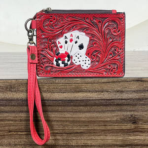 Wholesale Factory Price Hand Tooled Genuine Leather <b>Card</b> <b>Holder</b> New Poker Design Mini <b>Card</b> & Coin <b>Holder</b> Unisex Wristlet <b>Wallet</b> - Product Image 4