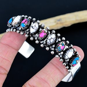 Vintage Style Cotton Candy & Wild Horse Gemstone Multistone Handmade Tibetan Silver Plated Adjustable Bangle for Unisex - Product Image 2