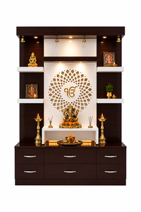 Glossy Finish Hand Carved <b>Mandir</b> For Pooja Room IkOnkar Design Modern Teak Wood Temple Sikh Religious Brown Wooden Pooja Cabinet - Product Image 2