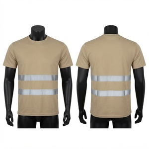 Premium 180 GSM Cotton Bamboo Fiber Work <b>T</b>-<b>Shirt</b> Beige <b>Khaki</b> Reflective Strips Front Logo Anti-UV Breathable Quick Dry - Product Image 1