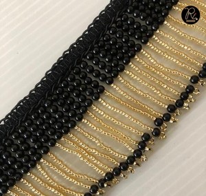 Ruban de dentelle perlée fait main pas cher en gros avec franges en tissu à pampilles et perles unilatérales pour vêtements et robes - Product Image 2