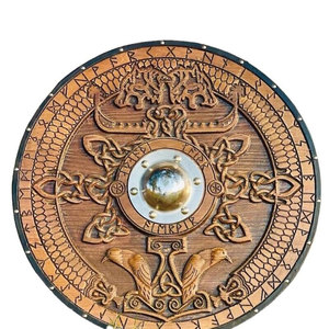 Escudo Redondo de Madera Vikingo Nórdico Duradero, Artesanía Clásica Hecha a Mano para Exhibición Histórica, Disfraces y Decoración del Hogar - Product Image 1
