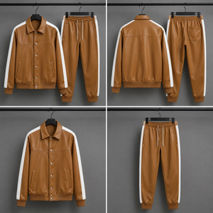 Men's Brown PU <b>Leather</b> <b>Long</b> Bomber <b>Jacket</b> Pants Set Front Solid Color Zipper Closure Casual Autumn Wear Regular Fit Speed Sports - Product Image 2