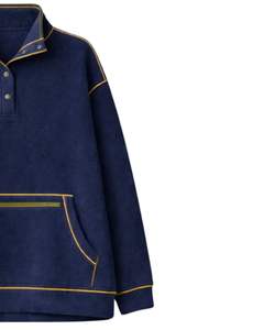 Sweat-shirt personnalisé épais pour femme, bleu marine, en polaire oversize, avec col à boutons-pression, poche kangourou et passepoil contrastant - Product Image 4