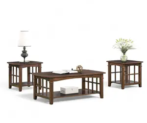 Meubles de salon de haute qualité, ensemble de table basse avec étagère en bois de luxe et moderne avec 2x table d'appoint, barre transversale des deux côtés
