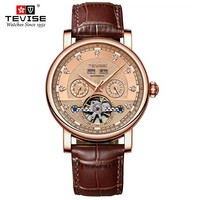 Montre mécanique automatique pour homme TEVISE T867C, cadran squelette, bracelet en cuir, lumineuse, étanche, décontractée, tendance, vente en gros