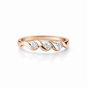 Bague en or massif 18 carats avec trois diamants, design ondulé, élégante et minimaliste, alliance pour femme, bijoux fins, cadeau - Product Image 1