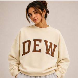 <b>Pink</b> Embroidered DEW Letter Crew Neck Sweatshirt <b>Women</b> Drop Shoulder Fleece Pullover - Product Image 2