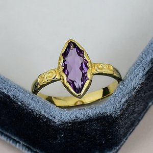 Bezel Setting Marquise Cut Vintage <b>Amethyst</b> Engagement <b>Ring</b> Gold Plated Solid 925 Sterling <b>Silver</b> Engraved Band <b>Ring</b> For Women - Product Image 1