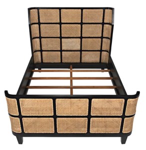 Modern Rattan Headboard <b>Bed</b> Frame Wooden Bedstead Black and Natural Panel <b>Bed</b> for Hotel Home Bedroom - Product Image 5