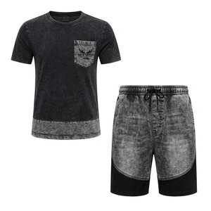Conjunto de camiseta y pantalones cortos de algodón para hombre, cuello redondo, color sólido, ropa informal de verano, transpirable, teñido, conjunto de dos piezas. - Product Image 1
