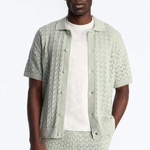 Nouvel ensemble polo et short en coton tricoté vert sauge 2026 – Motif uni, respirant, tenue décontractée d'été, ensemble crochet d'été - Product Image 3