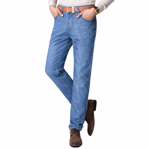 Fashion Wear <b>White</b> Color Lightweight High Waist Breathable 100% Cotton Casual <b>Men's</b> Regular Fit Jeans <b>Pants</b> - Product Image 2