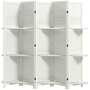 Divisorio per Stanza in Legno Bianco a 5 Pannelli, Alto 170 cm, con 3 Ripiani e Contenitore Pieghevole per Camera da Letto - Product Image 1