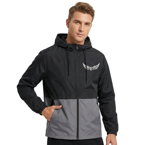 Chaqueta Cortavientos con Capucha para Hombre, Diseño Color Block Negro y Gris, Cierre Frontal con Cremallera, Logotipo, Estilo Casual, Ropa de Primavera para Exteriores - Product Image 3