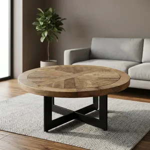 Table de salle à manger ronde rustique en bois massif pour six personnes avec pieds en métal noir, table d'appoint centrale pour la décoration intérieure de ferme, d'hôtel ou de maison - Product Image 4