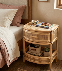 Premium Natural Rattan <b>Bedside</b> Table Handcrafted Nightstand with Drawer and Open <b>Storage</b> Shelf for Bedroom or Living Room - Product Image 5