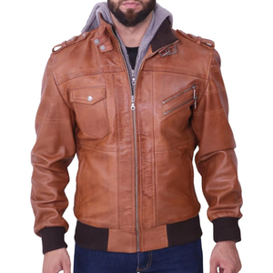 Blouson moto d'hiver pour homme en cuir d'agneau véritable marron, style décontracté, avec fermeture éclair gaufrée, imperméable, à capuche, tissu ODM - Product Image 1