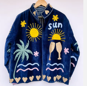Chaqueta Bomber Acolchada de Terciopelo Bordada Cin Cin para Otoño, Diseño de Palmeras y Corazones, Transpirable, Ropa Exterior para Mujer - Product Image 4