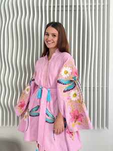 Minivestido bohemio de algodón para mujer, vestido informal étnico con bordado de mariposas rosas, estampado floral, lazo en la cintura y borlas - Product Image 3