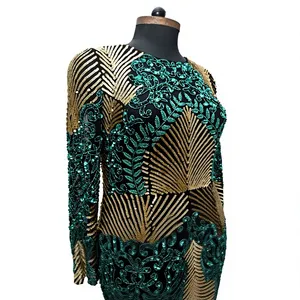 Women's Luxury <b>Emerald</b> Green Sequin Mermaid Gown, Long Sleeve Geometric Pattern Formal Evening <b>Dress</b> - Product Image 3