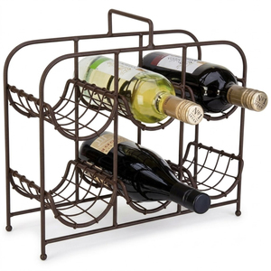 Industrial Style Metal And Wood Tabletop Wine Rack 6 Bottle Countertop Storage Stand With Rustic Tray Top For Home <b>Bar</b> & Kitchen - Product Image 5
