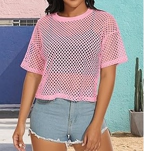 Camiseta de malla rosa de manga corta para mujer con tela transpirable personalizable para uso en exteriores y playa, camisas transparentes de malla de red. - Product Image 2