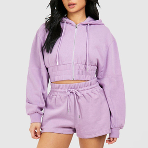 Ensemble de survêtement pour femme en coton, couleur unie, coupe ample décontractée, sweat-shirt court à capuche à manches longues avec cordon de serrage et poches, et short, pour le printemps - Product Image 3