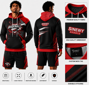 SINEWY SPORTS Men's Baseball Hoodie Set Black Red Sublimation Print Embroidered Logo Breathable Moisture Wicking Sporty Design - Product Image 1