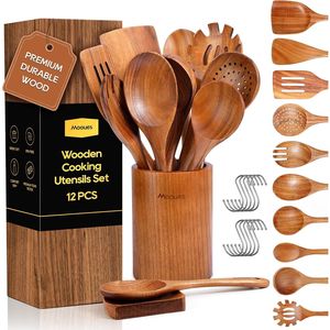 Set di 12 Utensili da Cucina in Legno di Teak con Impugnatura Comoda, Supporto per Cucchiaio e Finitura Liscia Antiaderente - Product Image 1