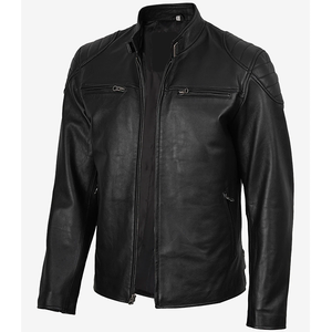 Blouson en cuir de vachette noir pour homme 2026, col montant, fermeture éclair, coupe ajustée, longueur standard, couleur unie, style motard, pour l'hiver - Product Image 3