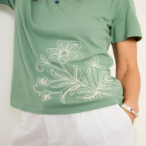 เสื้อยืดผู้หญิงสีเขียว แขนสั้น คอกลม ปักลายดอกไม้ สวมใส่สบายๆ ทรงหลวม เหมาะสำหรับฤดูใบไม้ผลิและฤดูร้อน ผลิตจากผ้าฝ้ายถัก 100% - Product Image 6